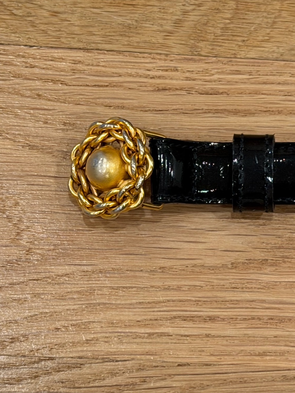 Paloma Picasso Black Patent Belt with Gold Braided Medallion